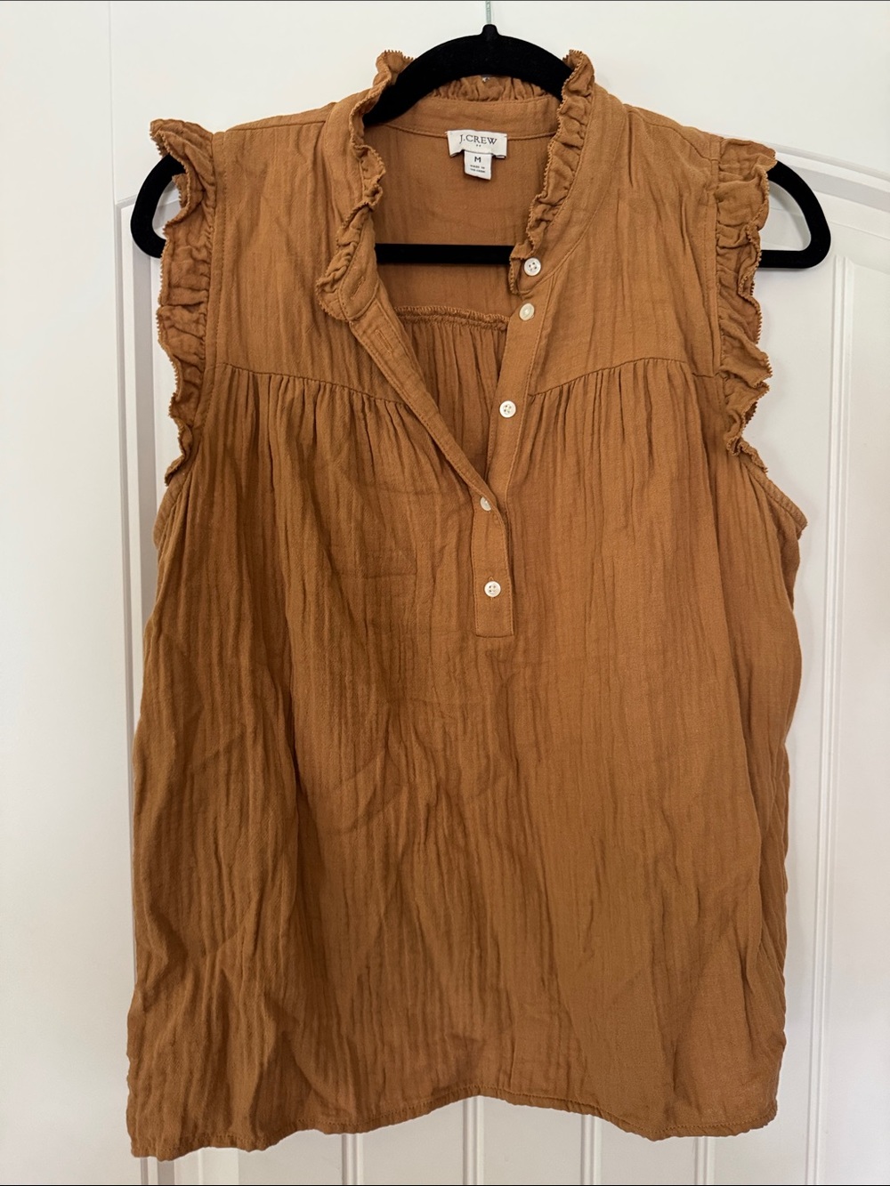 J. Crew Ruffle Sleeve Cotton Tank Top in Camel Brown